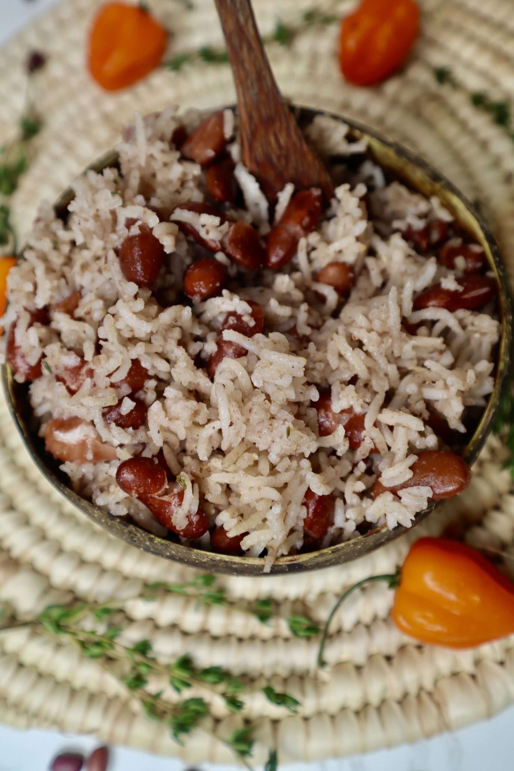 Authentic Jamaican rice and peas in coconut bowl