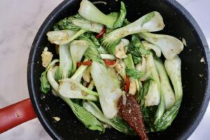 Cooked garlic mushroom bok choy