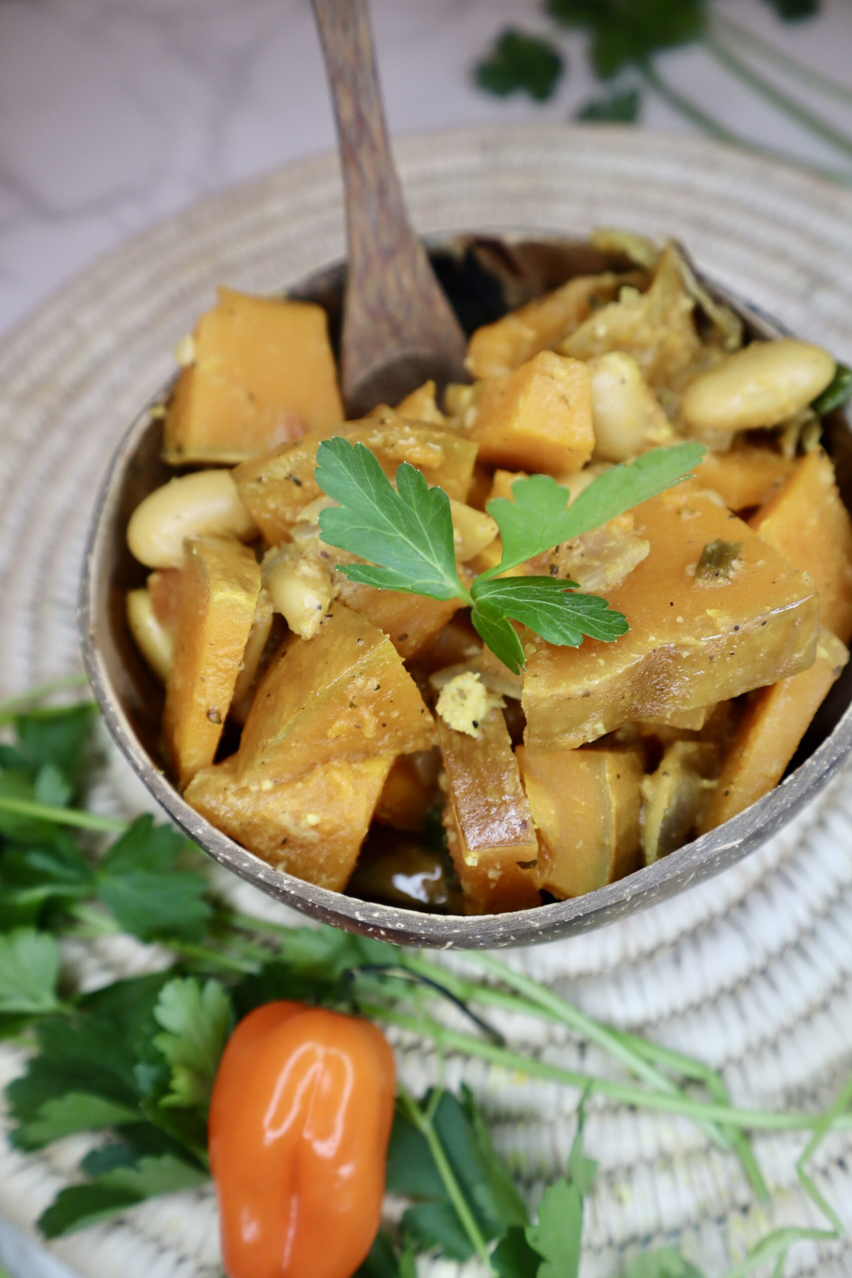 ital pumpkin stew with scotch bonnet pepper and parsley on the side