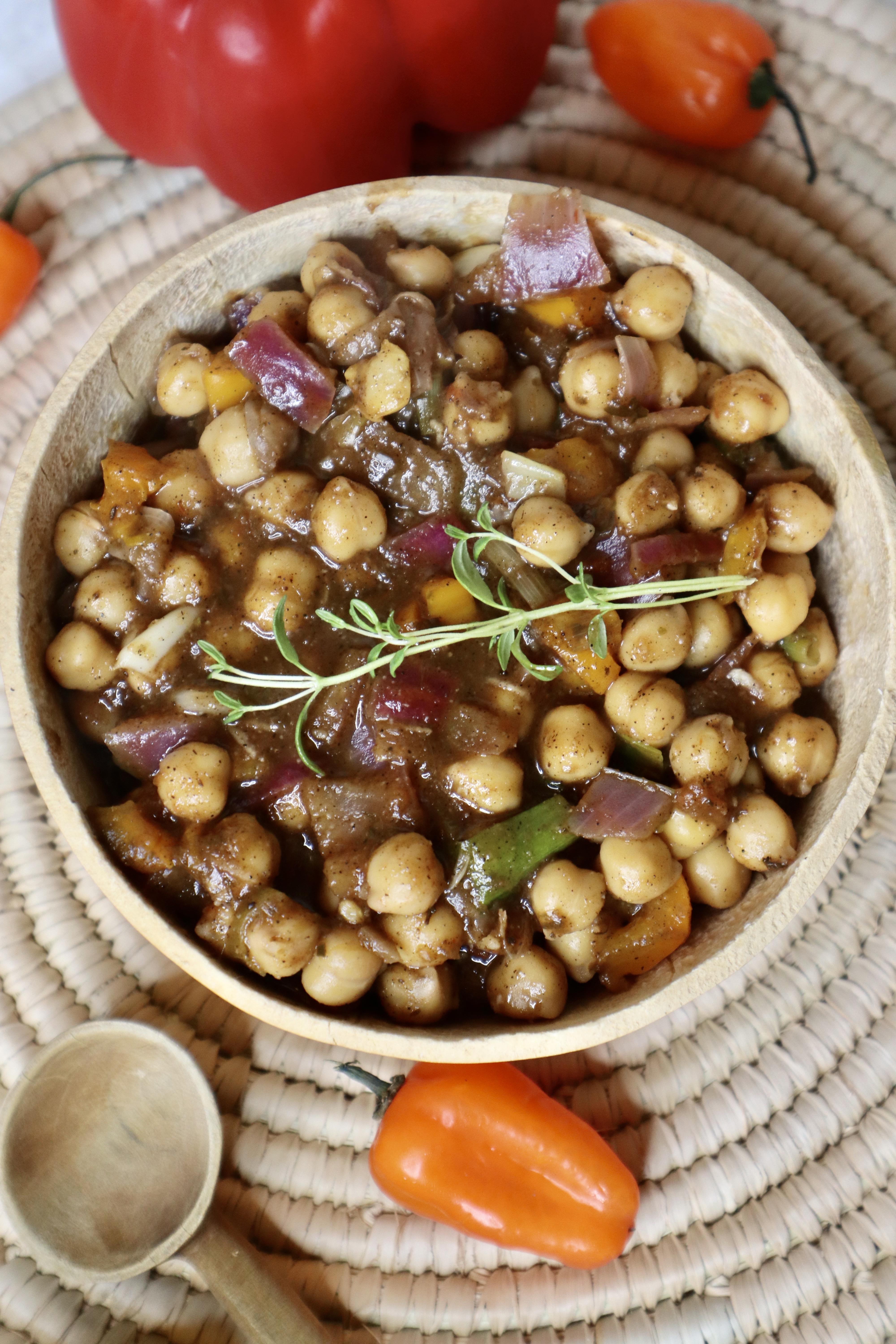 Jamaican Jerk Chickpeas in calabash bowl