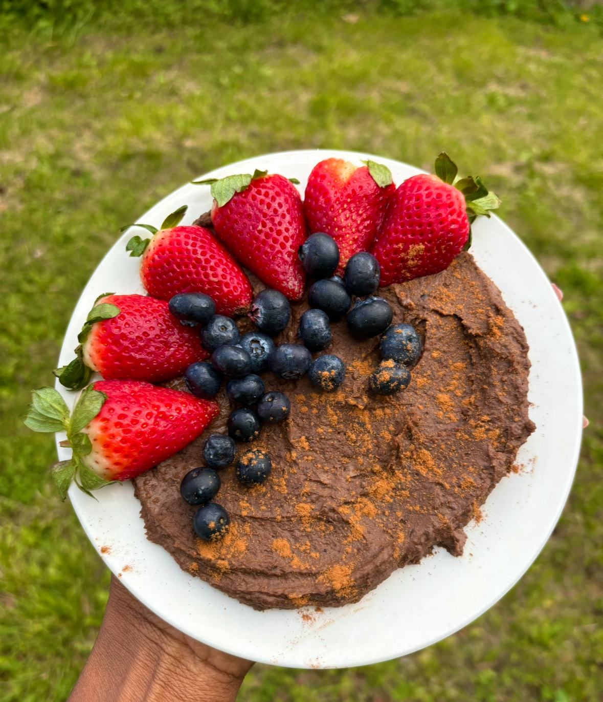 Chocolate hummus brownie batter dip with strawberries and blueberries
