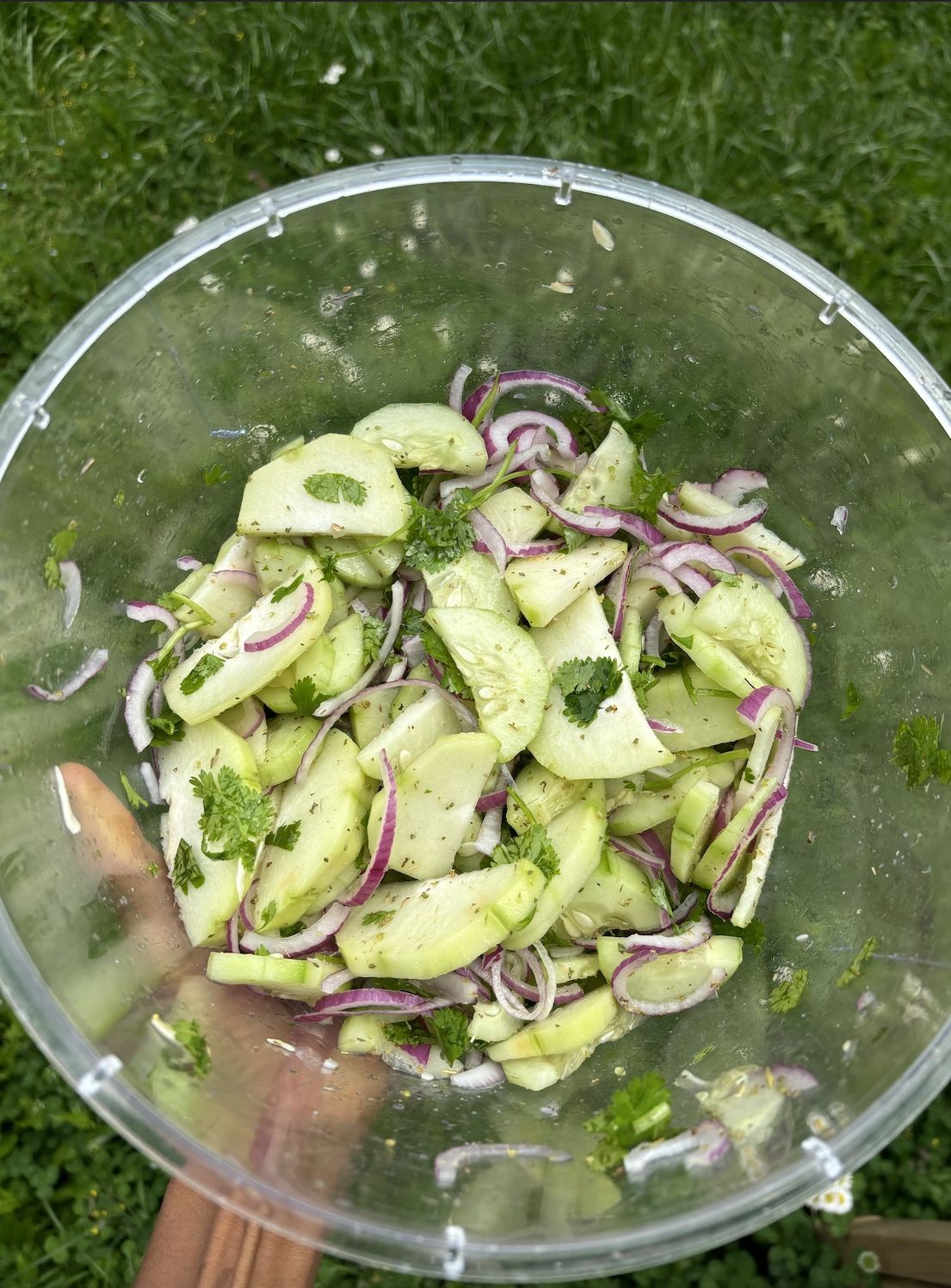 cucumber chayote salad in clear bowl