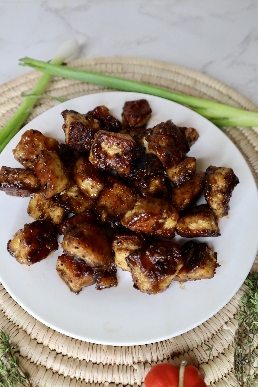 jamaican jerk tofu on white plate