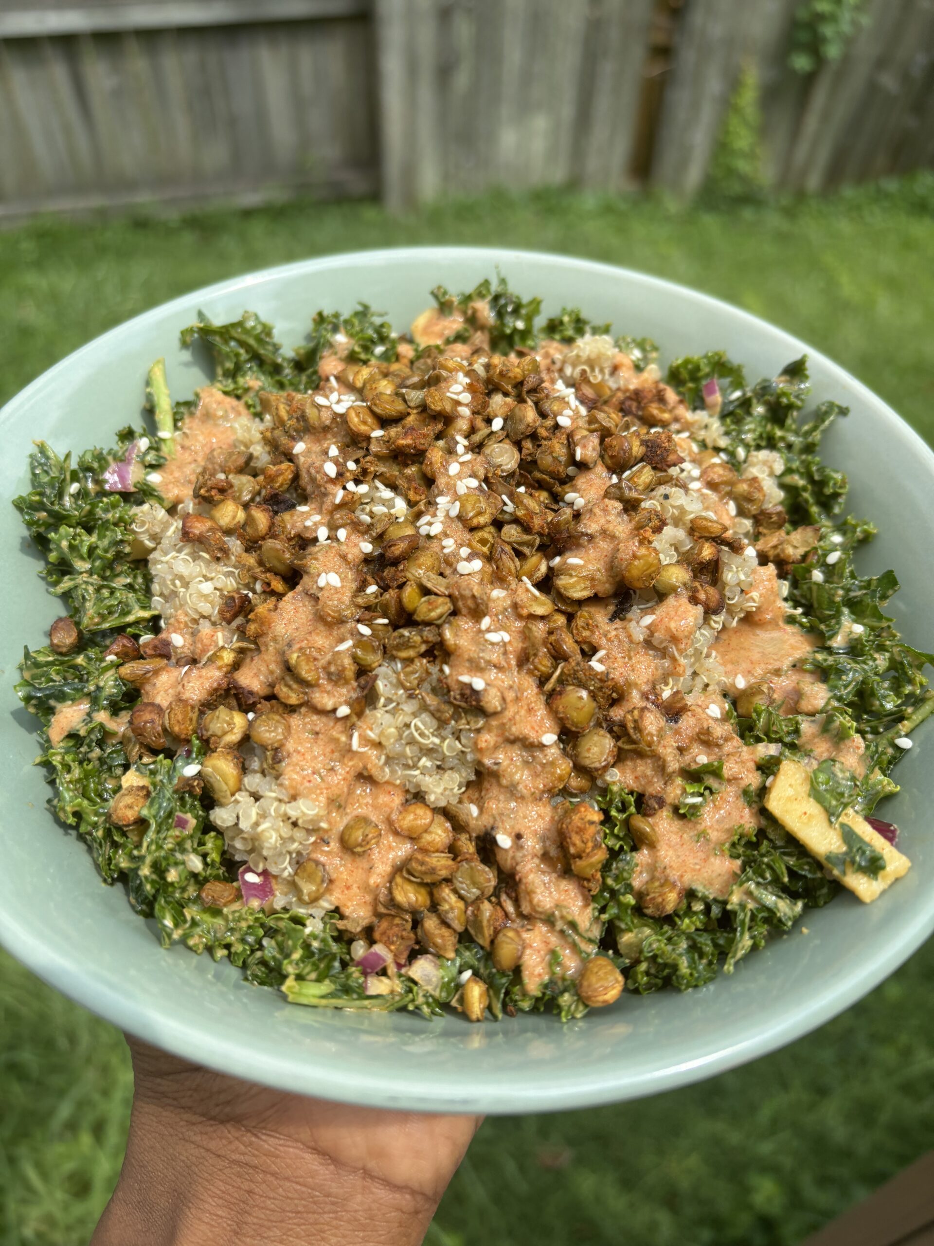 spicy kale salad in blue bowl