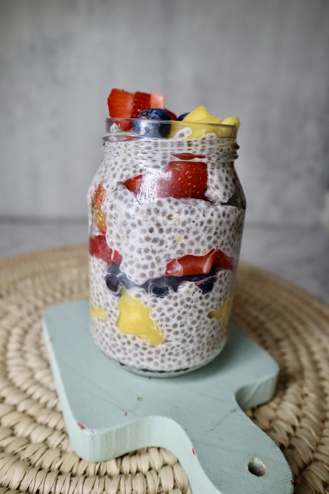 chia seed pudding on wicker placemat