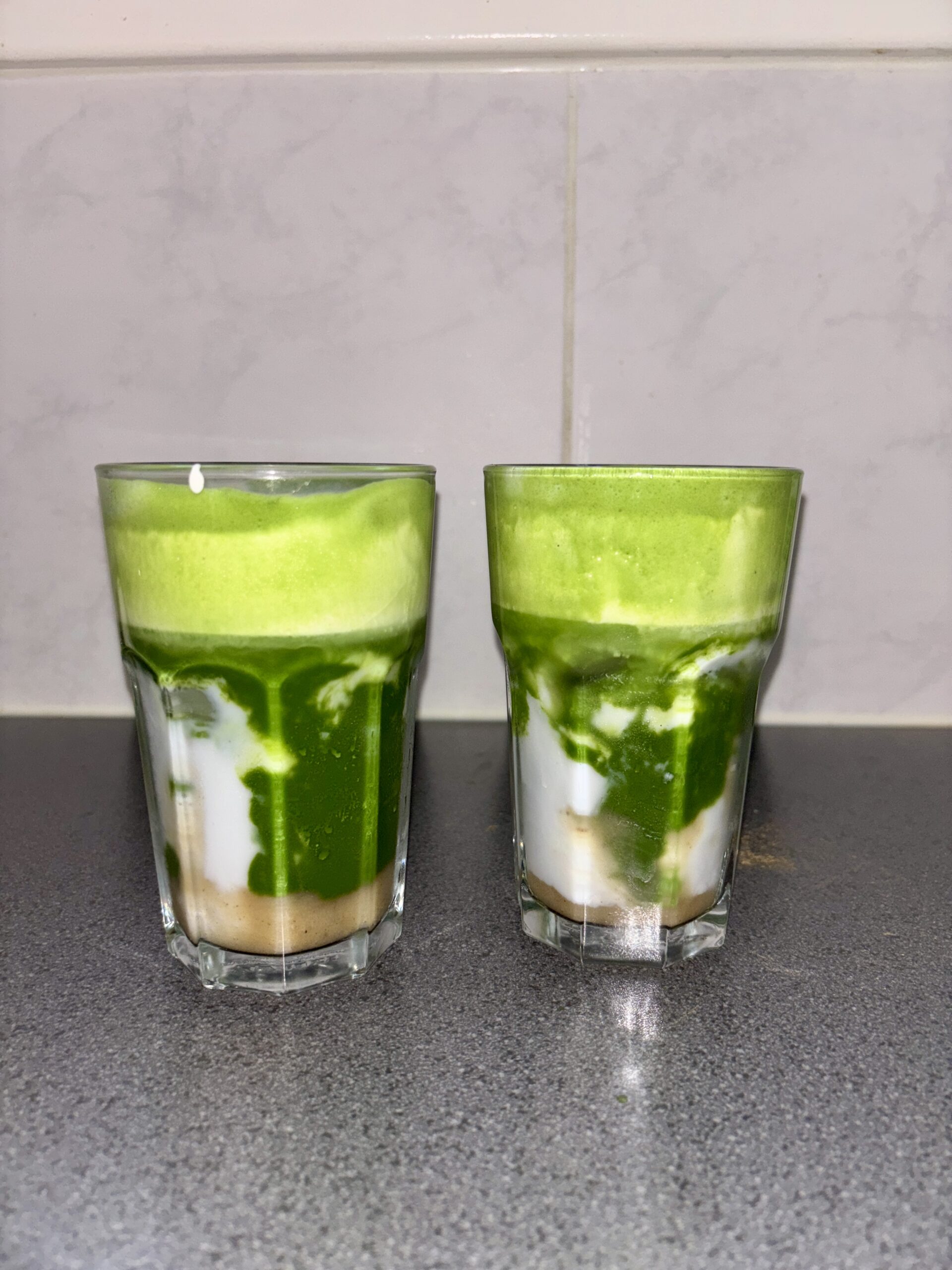 2 glasses of banana pudding matcha