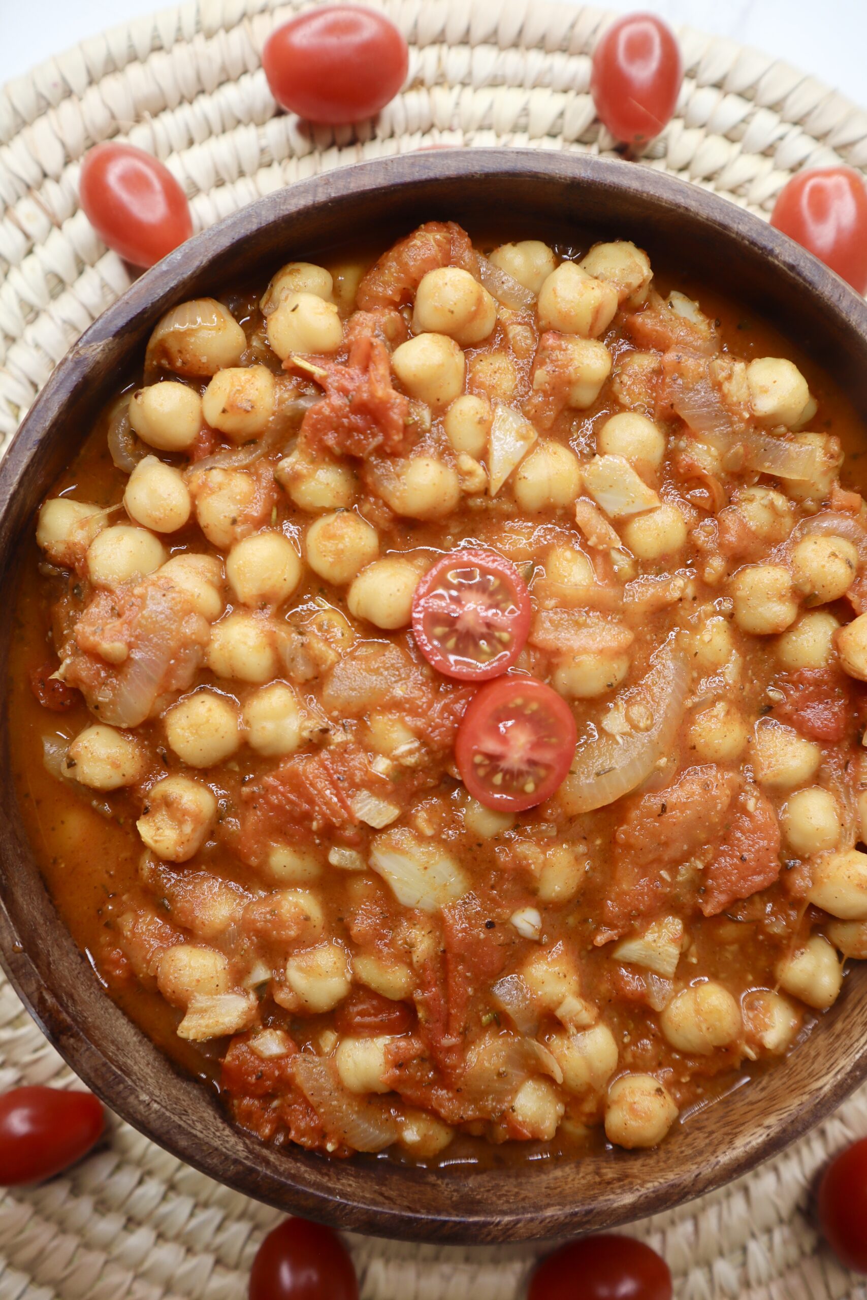 tomato chickpea stew on a wicker place mat