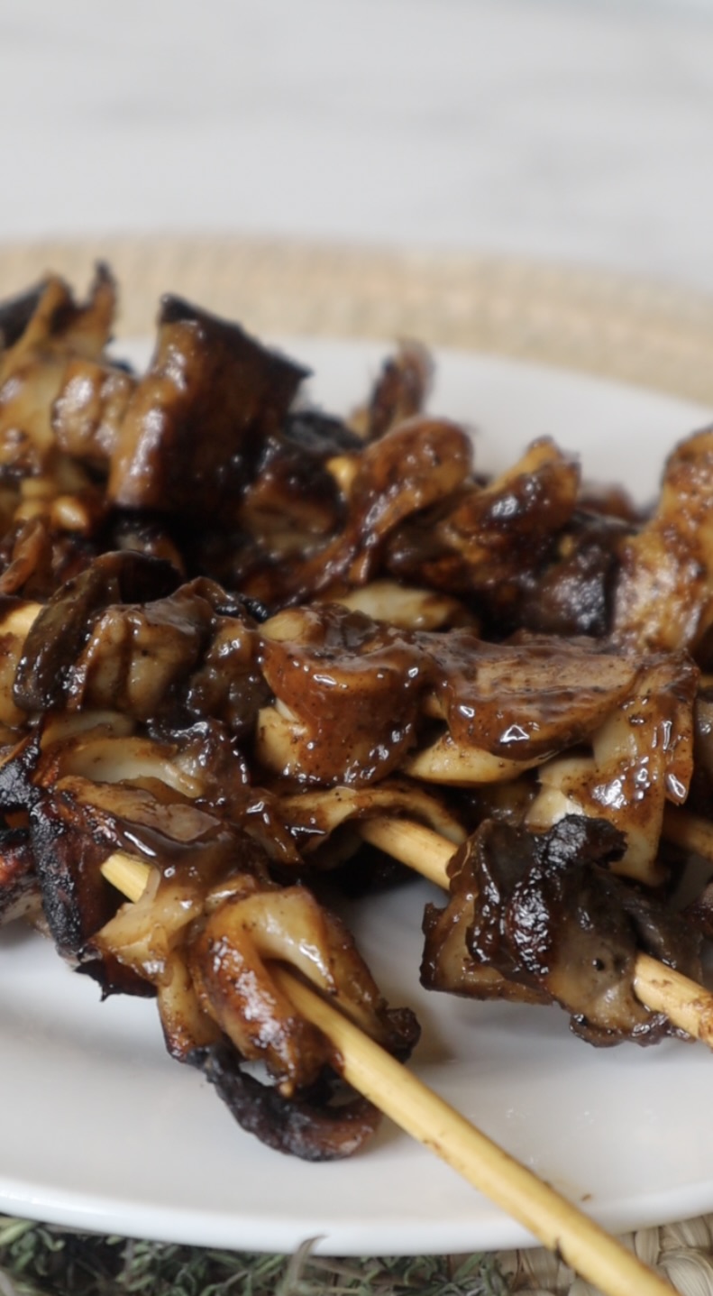 jamaican jerk mushrooms on a kebab stick