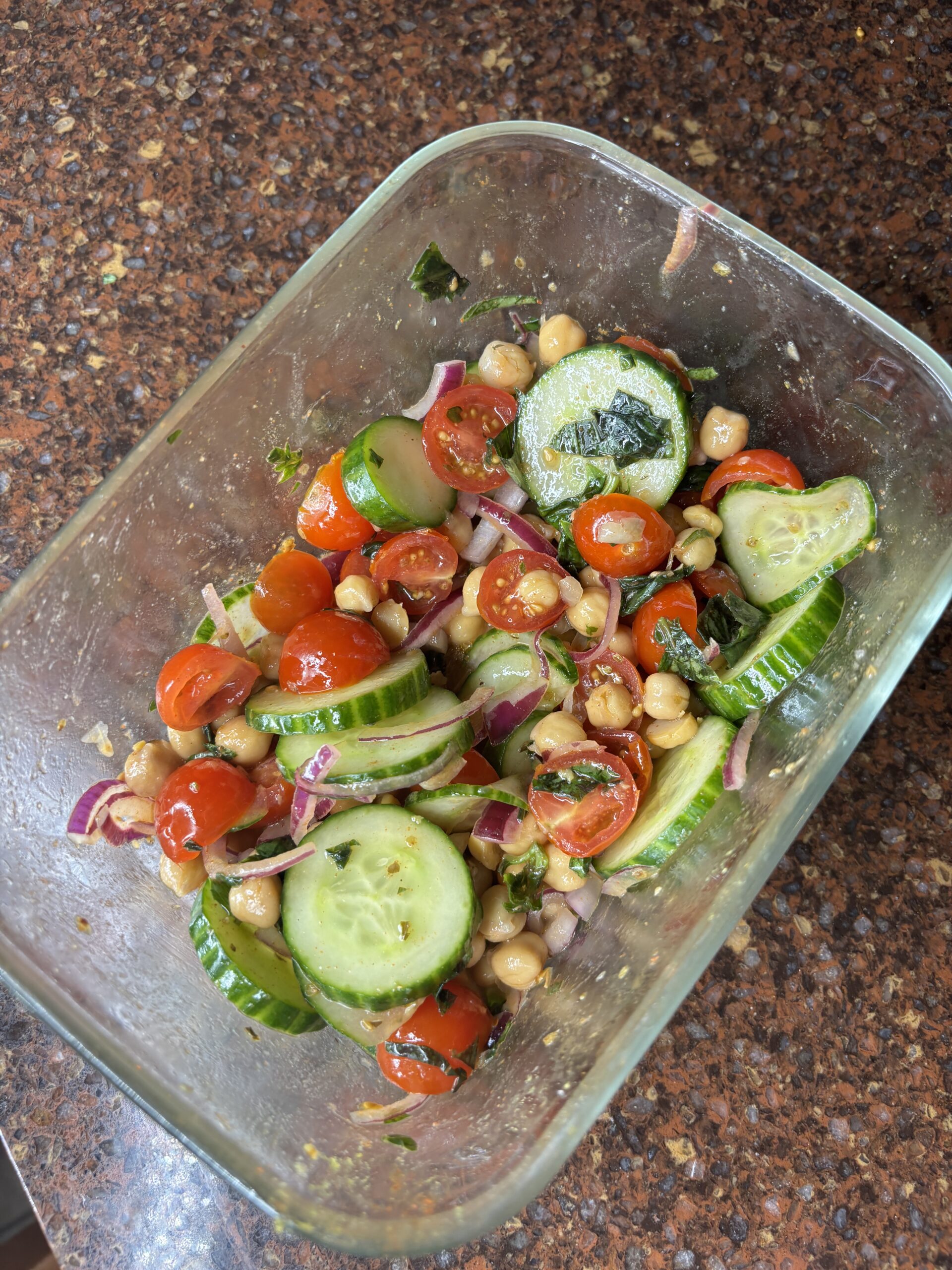 chickpea cucumber salad with tomatoes and red onion